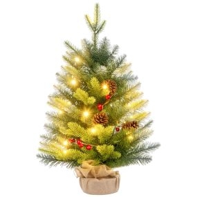 Árbol de Navidad artificial de sobremesa 60 cm con 20 luces LED, 141 ramas, piñas y bayas rojas, soporte de metal, verde
