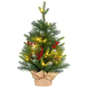Árbol de Navidad 60 cm Árbol de Navidad Artificial Sobremesa con 20 Luces LED 141 Ramas 5 Piñas 5 Racimos de Bayas Rojas y Soporte de Metal Árbol Navideño para Interior Verde