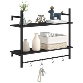 Estante de pared de 2 niveles con 4 ganchos, acero, negro, 80x24x65 cm