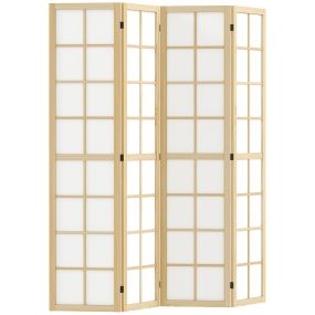 Biombo de 4 Paneles Plegable, Separador de Ambientes con Marco de Madera, 160x170 cm, Pantalla de Privacidad para Dormitorio, Oficina, Salón, Natural