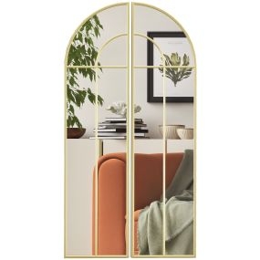 Espejo decorativo de pared 2 piezas 30x120 cm diseño en arco marco de metal dorado