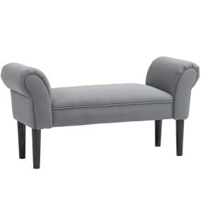 Banco pie de cama tapizado en lino sintético con patas de madera, reposabrazos y asiento acolchado, gris oscuro