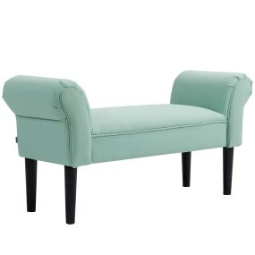 Banco pie de cama tapizado en lona con patas de madera y asiento acolchado verde claro