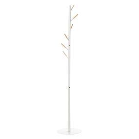 Perchero de pie de árbol con 6 ganchos de madera y marco de metal blanco 35x35x174 cm