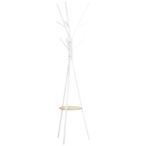 Perchero de pie de metal en forma de árbol con 9 ganchos y estante 45x45x180 cm blanco
