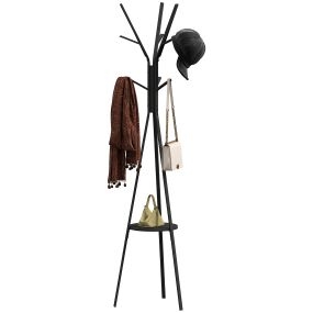 Perchero de pie de metal en forma de árbol con 9 ganchos y estante 45x45x180 cm negro