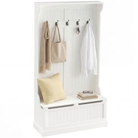 Perchero zapatero con banco de almacenamiento y 5 ganchos, 96x34x179,7 cm, crema