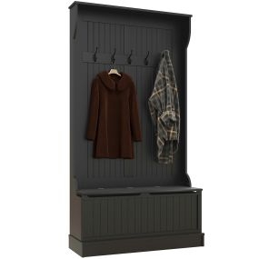 Perchero zapatero de entrada con banco de almacenamiento y 5 ganchos, negro, 96x34x179,7 cm