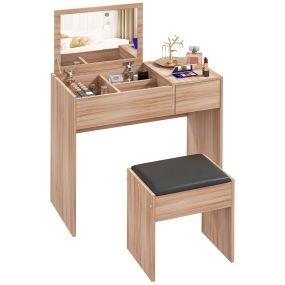 Tocador de maquillaje con taburete, espejo, tapa abatible y cajas de almacenamiento natural 80x40x79 cm y 40x30x40 cm