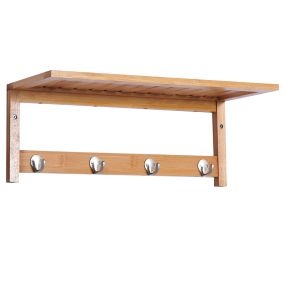 Perchero de pared de bambú con estante y 4 ganchos 50x16x17,5 cm carga 5 kg