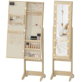 Espejo joyero con luces LED de pie, ángulo ajustable, estantes y ranuras para anillos, madera natural