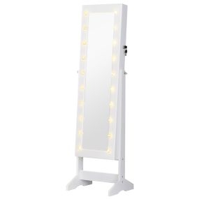 Espejo joyero con 20 luces LED, armario reclinable, cerradura y llaves, 40x37x146 cm, blanco