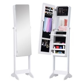 Joyero de pie con espejo y luces LED reclinable de madera blanco 30x36x146 cm