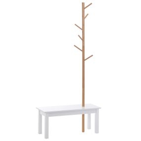 Perchero de pie tipo árbol con banco, 6 ganchos, bambú y MDF, 80x30x180 cm
