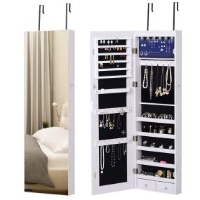 Espejo joyero colgante de pared o puerta con LED, 5 estantes, 2 cajones, cerradura, 37x120x10 cm
