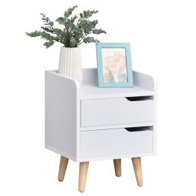 Mesa de noche multiusos con 2 cajones, patas de pino, diseño moderno, 33x28x42 cm, blanco