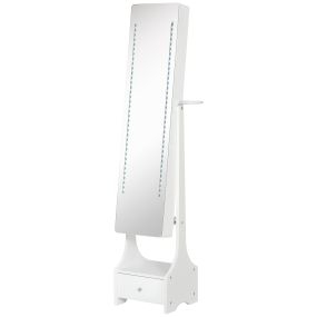 Espejo joyero con luces LED, armario joyero con espejo entero ajustable, cajón y soporte para secador, blanco