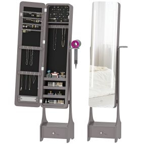 Espejo joyero con luces LED y espejo entero ajustable, cajón, interruptor táctil, gris