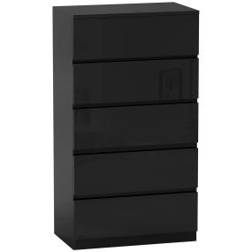Cómoda de dormitorio moderna con 5 cajones, diseño antivuelco, 55x34x100 cm, negro brillo