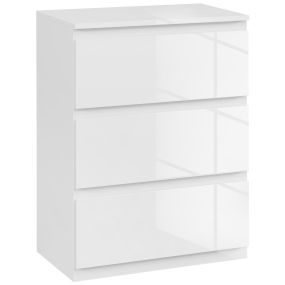 Cómoda de dormitorio moderna con 3 cajones y diseño antivuelco 55x34x75 cm blanco brillo