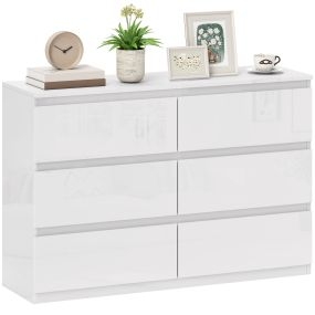 Cómoda de 6 cajones estilo moderno blanco brillo 112x34x75 cm con antivuelco