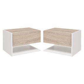 Juego de 2 mesitas de noche flotantes con 1 cajón y estante abierto 46x30x30 cm roble y blanco