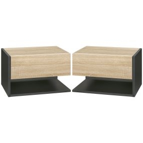 Juego de 2 mesitas de noche flotantes con 1 cajón y estante abierto 46x30x30 cm roble y negro