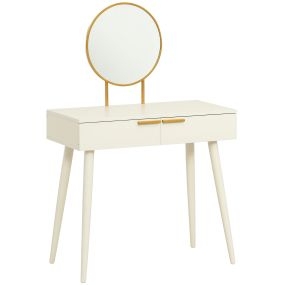 Tocador con espejo redondo, 2 cajones, estilo moderno, 80x40x123 cm, blanco