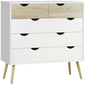 Cómoda de 5 cajones con patas elevadas de madera, estilo nórdico, blanco y roble, 99x39x101 cm