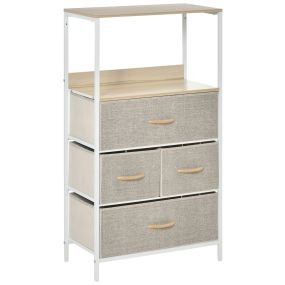 Cómoda de tela con 4 cajones, compartimento abierto y estructura metálica gris para dormitorio y pasillo