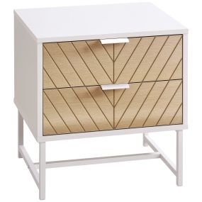 Mesilla de noche de 2 cajones con patas de acero estilo moderno 45x39x48 cm blanco y roble