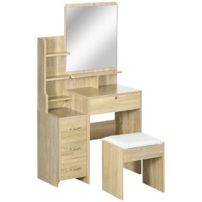 Tocador de maquillaje con taburete, espejo, 4 cajones, estantes, 80x38x143 cm, natural