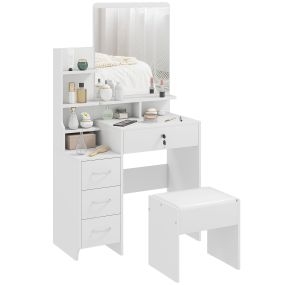 Tocador de maquillaje con taburete, espejo, 4 cajones, estantes y compartimentos abiertos, blanco