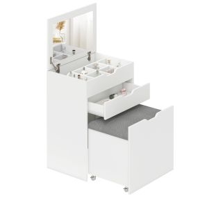 Tocador de Maquillaje con Taburete Oculto y Espejo Abatible, Mesa de Maquillaje con Cajón y 7 Compartimentos, Taburete Acolchado con Almacenamiento, para Espacios Reducidos, Vestidor, Blanco