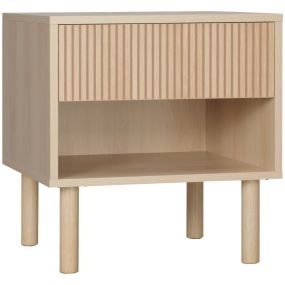 Mesita de noche moderna de madera natural con cajón y estante abierto 47x47x50 cm