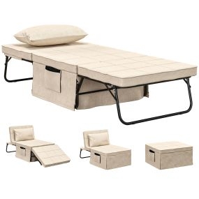 Sofá cama 1 plaza 4 en 1 plegable tapizado en lino crema 75x80x74 cm