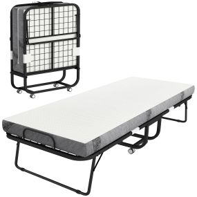 Cama plegable 200x80 cm con 4 ruedas, colchón 10 cm, acero, 150 kg, blanco