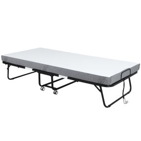 Cama plegable 200x90 cm con 4 ruedas, colchón 10 cm, acero, carga 150 kg, blanco