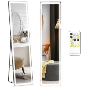 Espejo de cuerpo entero de pared y suelo con luces LED, mando, 3 colores, brillo ajustable, aluminio, 40x37x157,5 cm, plata y negro