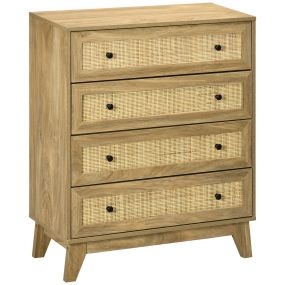 Cómoda estrecha de 4 cajones con frontales de ratán y patas elevadas 80x35x95 cm natural