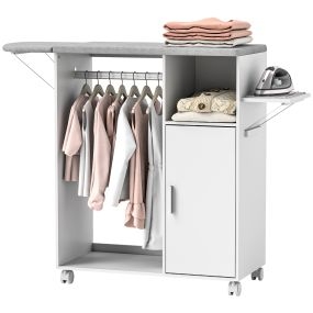 Mueble de planchar de madera plegable con ruedas y barra para colgar ropa 127x42,5x99 cm blanco