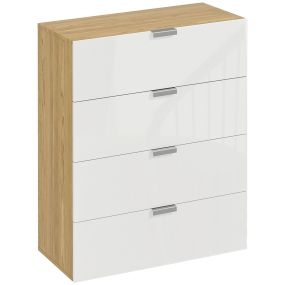 Cómoda de 4 cajones de madera alto brillo 70x35x92 cm blanco y natural
