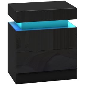 Mesita de noche negra con luces LED 3 colores, 2 cajones, control APP, 45x35x52 cm