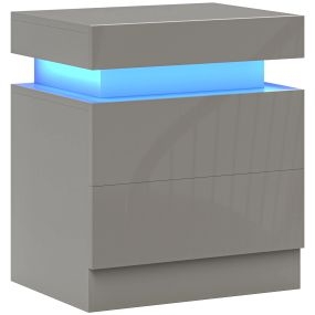 Mesita de noche gris con luces LED de 3 colores, 2 cajones y frente de alto brillo 45x35x52 cm