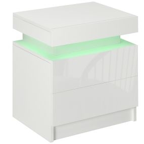 Mesita de noche blanca con luces LED de 3 colores, 2 cajones y frente de alto brillo 45x35x52 cm