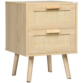 Mesita de Noche de Diseño Boho Mesilla de Noche con 2 Cajones de Rejilla y Patas de Madera para Salón Dormitorio 40x40x56 cm Natural