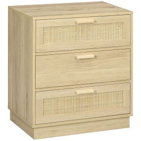 Cómoda de Noche con 3 Cajones de Rejilla de Ratán Cajonera de Madera para Dormitorio Salón Estilo Bohemio 60x38x69 cm Natural