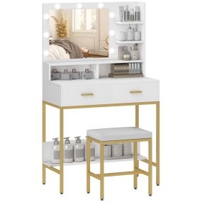 Tocador de maquillaje con luz y taburete, 2 cajones y estantes, estilo moderno, blanco