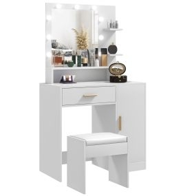 Tocador de maquillaje con taburete, espejo LED, cajones y estantes abiertos, blanco