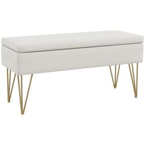 Banco pie de cama tapizado en lino sintético con patas de acero y asiento acolchado crema